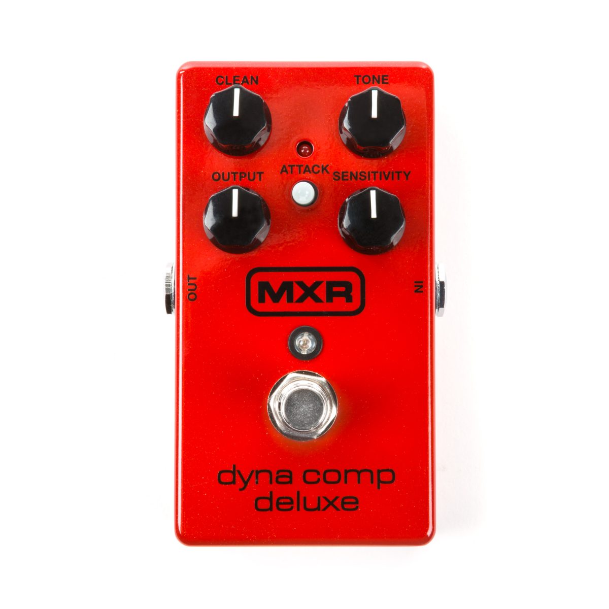 Red MXR Dyna Comp Deluxe pedal with four black knobs, a white attack button, and a footswitch.