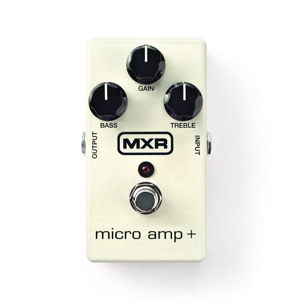 Cream-colored MXR Micro Amp + pedal with three control knobs and a footswitch.