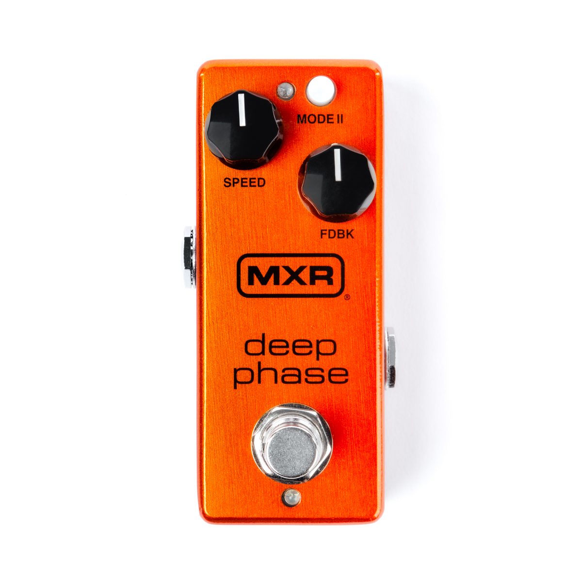 Bright orange MXR Deep Phase mini guitar pedal featuring Speed and Feedback knobs, plus a Mode II push button switch.