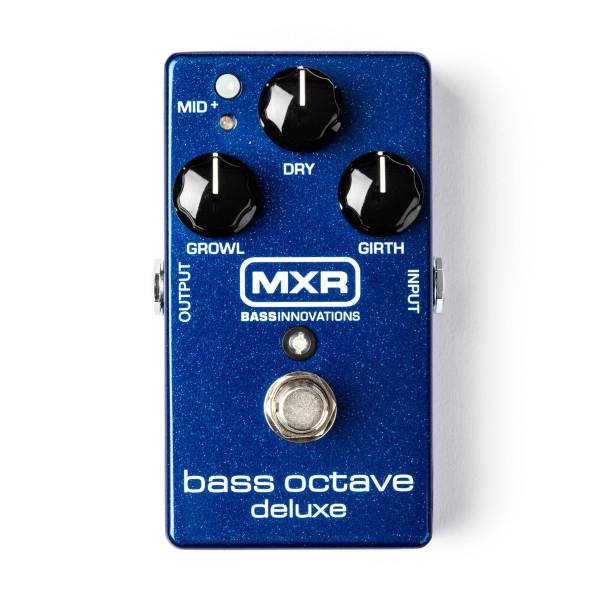 Dark blue sparkle MXR Bass Octave Deluxe pedal with knobs for Dry, Growl, and Girth, plus a Mid+ push button.