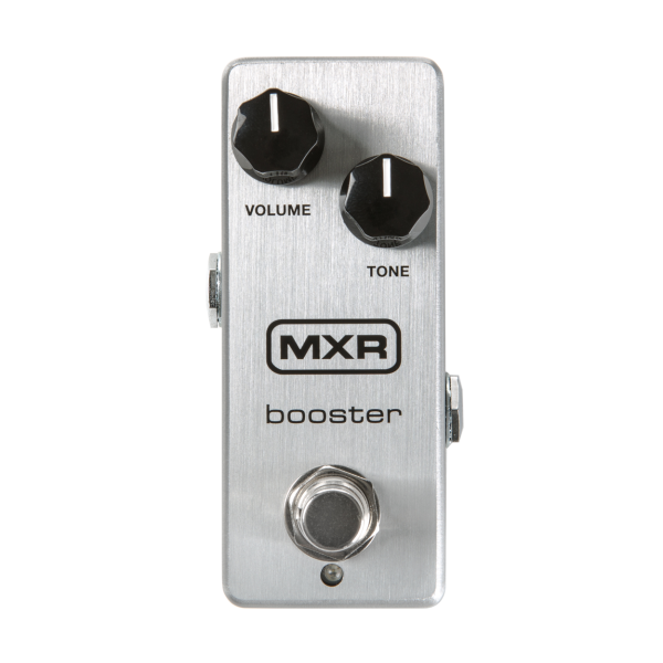 Brushed silver MXR Booster Mini effects pedal featuring two black knobs for Volume and Tone above a central footswitch.