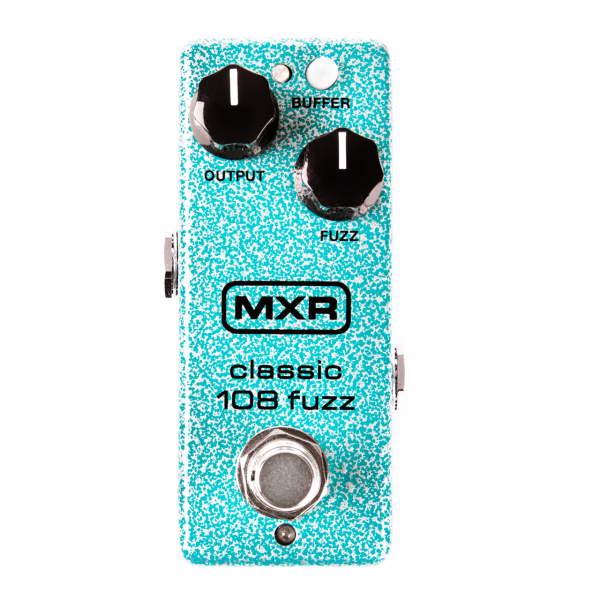 An aqua and white textured MXR Classic 108 Fuzz mini pedal featuring black Output and Fuzz knobs, a small Buffer switch, and a silver footswitch.