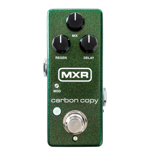 A dark green sparkle MXR Carbon Copy mini pedal with black Regen, Mix, and Delay knobs, a white Mod switch, and a silver footswitch.
