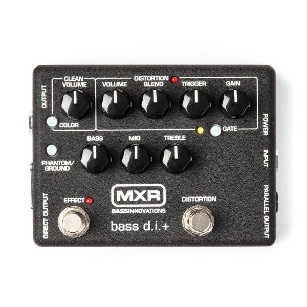 Top-down view of a black MXR Bass D.I.+ pedal featuring two footswitches labeled Effect and Distortion, and six knobs for Clean Volume, Volume, Distortion Blend, Trigger, Gain, Bass, Mid, and Treble, alongside small buttons for Color, Phantom/Ground, and Gate.