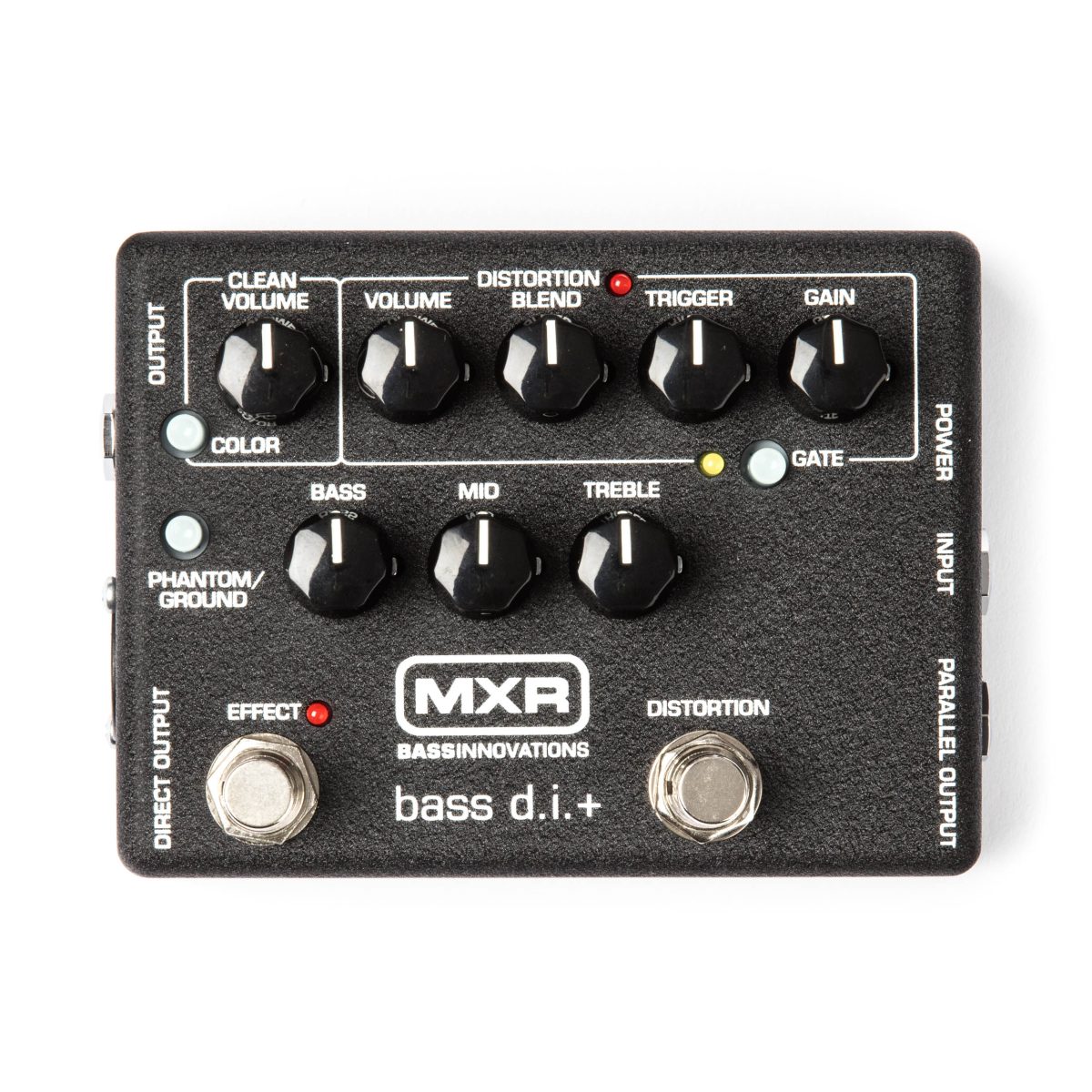 Top-down view of a black MXR Bass D.I.+ pedal featuring two footswitches labeled Effect and Distortion, and six knobs for Clean Volume, Volume, Distortion Blend, Trigger, Gain, Bass, Mid, and Treble, alongside small buttons for Color, Phantom/Ground, and Gate.