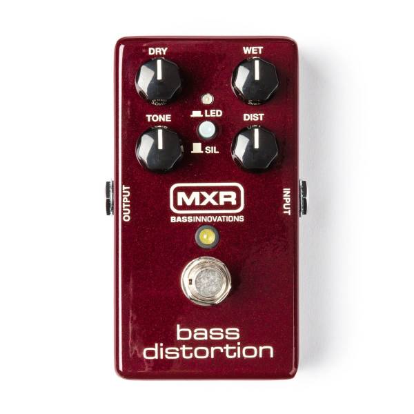 Top-down view of a metallic dark red MXR Bass Distortion pedal with four black knobs labeled Dry, Wet, Tone, Dist, and two small central buttons for LED and SIL clipping modes.