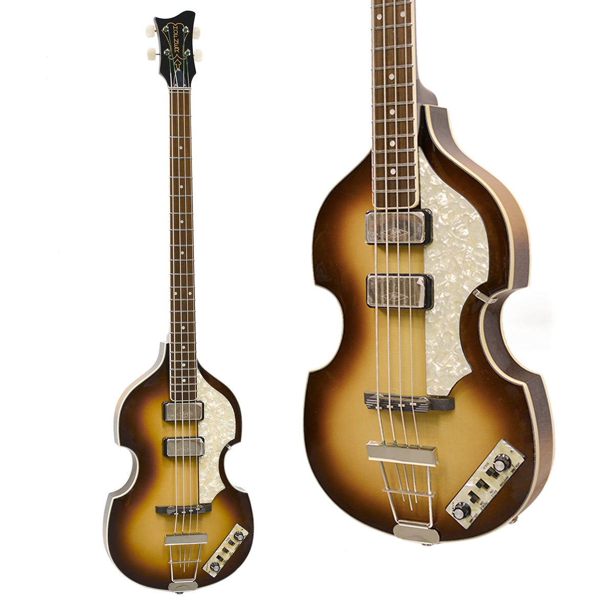 A full view of a Hofner HCT-500/1-CV Cavern Contemporary Series Violin Bass in an Antique Brown finish next to a close-up inset shot highlighting the semi-hollow body, pearl pickguard, closely spaced pickups, floating bridge, and control panel.