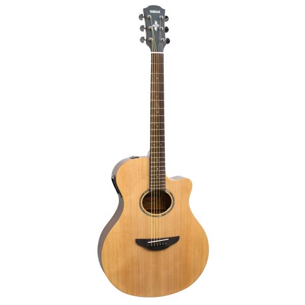 A full-length, straight-on view of a Yamaha APX600 NT acoustic-electric guitar positioned vertically against a plain white background. The guitar features a natural, light wood-grain gloss finish on its top. The body has a thinline, single-cutaway design, with the cutaway on the lower right bout. A black electronics control panel is visible resting on the upper left curve of the body. In the center, there is a distinctive oval soundhole surrounded by a decorative multi-ring rosette. Below the soundhole is a dark wood bridge with a white saddle and black bridge pins securing the six strings. The neck features a dark wood fretboard with small, white dot inlays. At the top, the headstock is black, displaying a white "YAMAHA" logo at the peak and a stylized, symmetrical decorative inlay in the center. The headstock is equipped with six silver tuning pegs, arranged with three on each side.