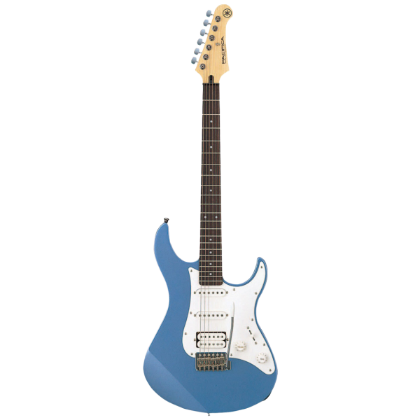 Yamaha PAC112J electric guitar in Lake Placid Blue showing the HSS pickup configuration and vintage tremolo bridge.