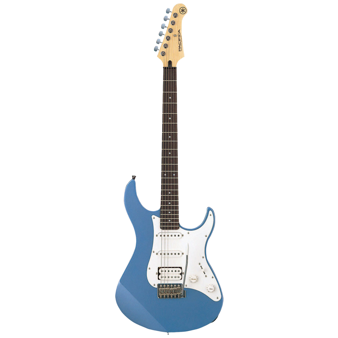 Yamaha PAC112J electric guitar in Lake Placid Blue showing the HSS pickup configuration and vintage tremolo bridge.