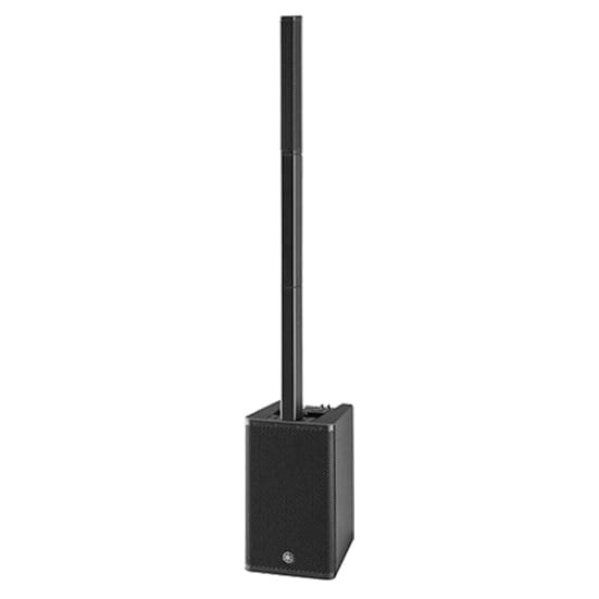 A black Yamaha Stagepas DXL1K portable column PA system against a white background, featuring a rectangular subwoofer base unit supporting a tall, slim vertical line array speaker column.