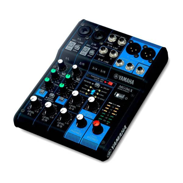Black Yamaha MG06X mixing console featuring an array of white, green, and blue rotary knobs, audio input jacks at the top, and a blue chassis trim.
