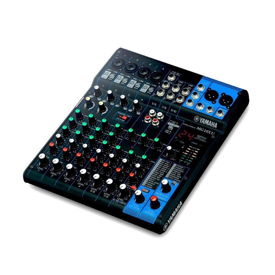 Black Yamaha MG10XUF 10-channel mixing console showing a grid of white, green, and red rotary control knobs, input jacks, and a digital effects display screen.