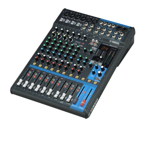 Black Yamaha MG12XU mixing console featuring multiple input channels with white volume faders, rotary EQ knobs, and a digital SPX multi-effect processor screen.