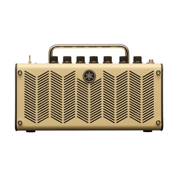 Cream-colored Yamaha THR5 desktop guitar amplifier featuring a chevron-slotted front grille, a silver Yamaha logo, black control knobs, and a chrome top handle.