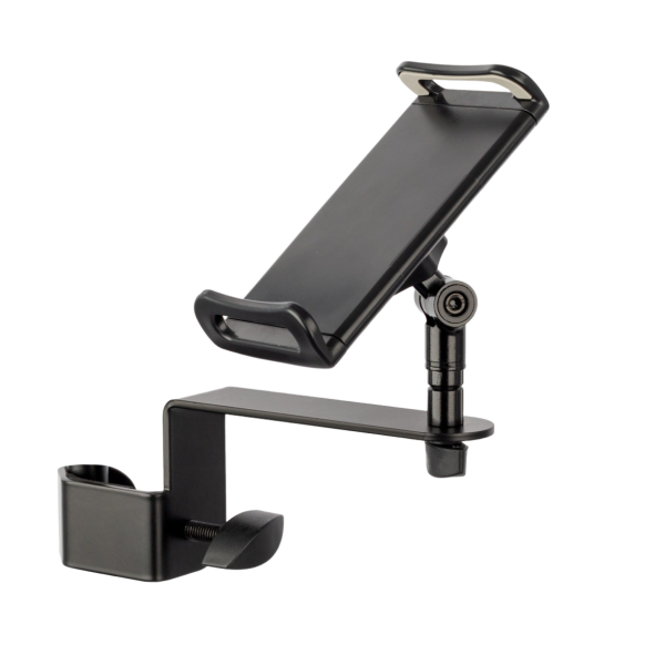 A black metal Xtreme AP32 device holder with an articulating arm and a padded bracket attached to a flat surface clamp mechanism.
