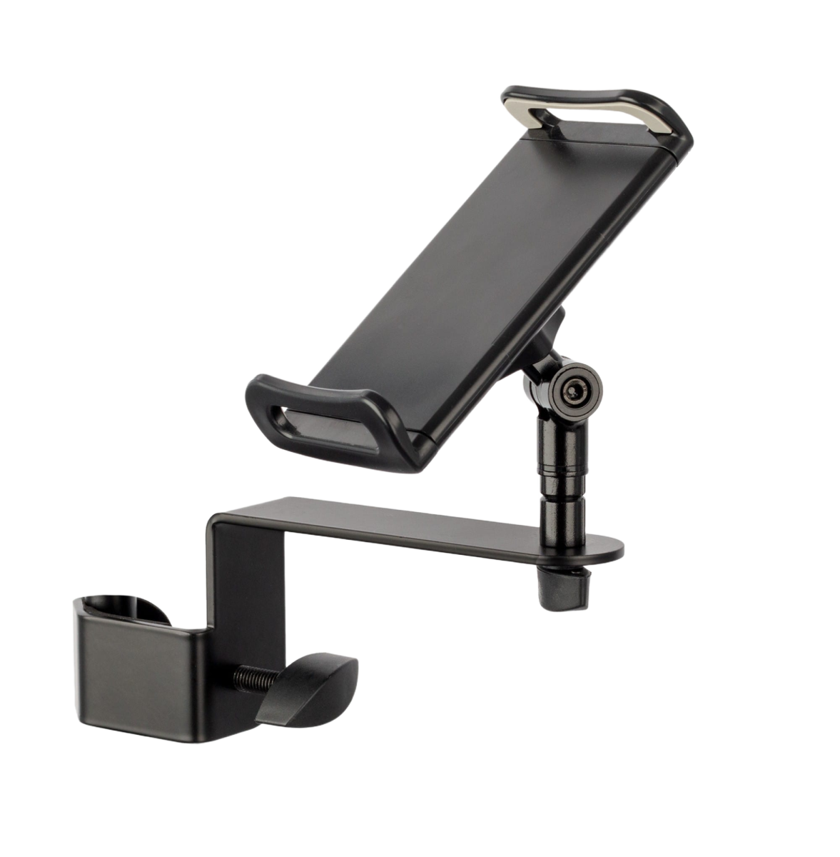 A black metal Xtreme AP32 device holder with an articulating arm and a padded bracket attached to a flat surface clamp mechanism.