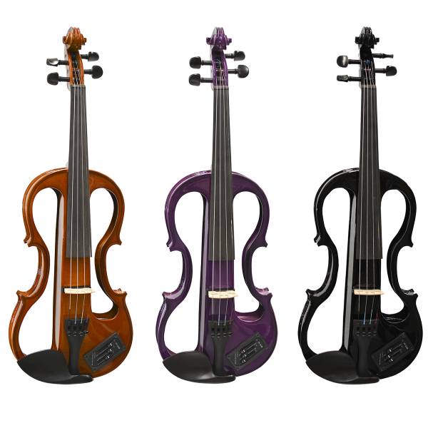 Three Carlo Giordano skeleton-frame electric violins standing upright in natural wood, purple, and black finishes, showing the integrated EQ controls on the lower bout.