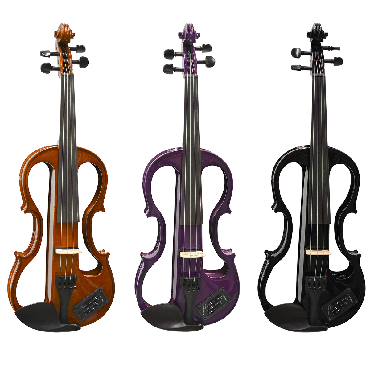 Three Carlo Giordano skeleton-frame electric violins standing upright in natural wood, purple, and black finishes, showing the integrated EQ controls on the lower bout.