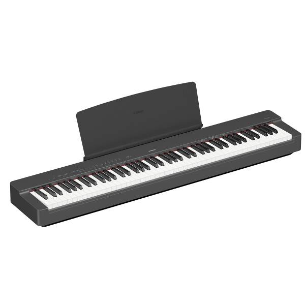 An angled shot of a black Yamaha P-225 digital piano against a solid white background. The image shows the full 88-key keyboard, a slim control panel with buttons running horizontally above the keys, and a black music rest attached to the back edge.