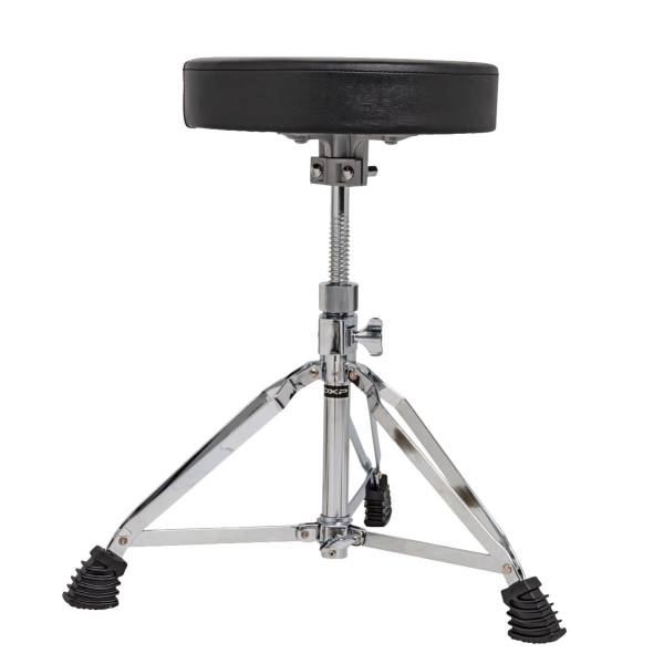 A heavy-duty drum stool with a round black padded seat, cast metal seat mount, threaded height adjustment rod, and a chrome double-braced tripod base with wide black rubber feet.