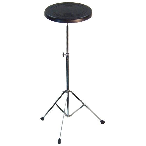 A black circular drum practice pad mounted on a silver chrome single-braced tripod stand with black rubber feet.