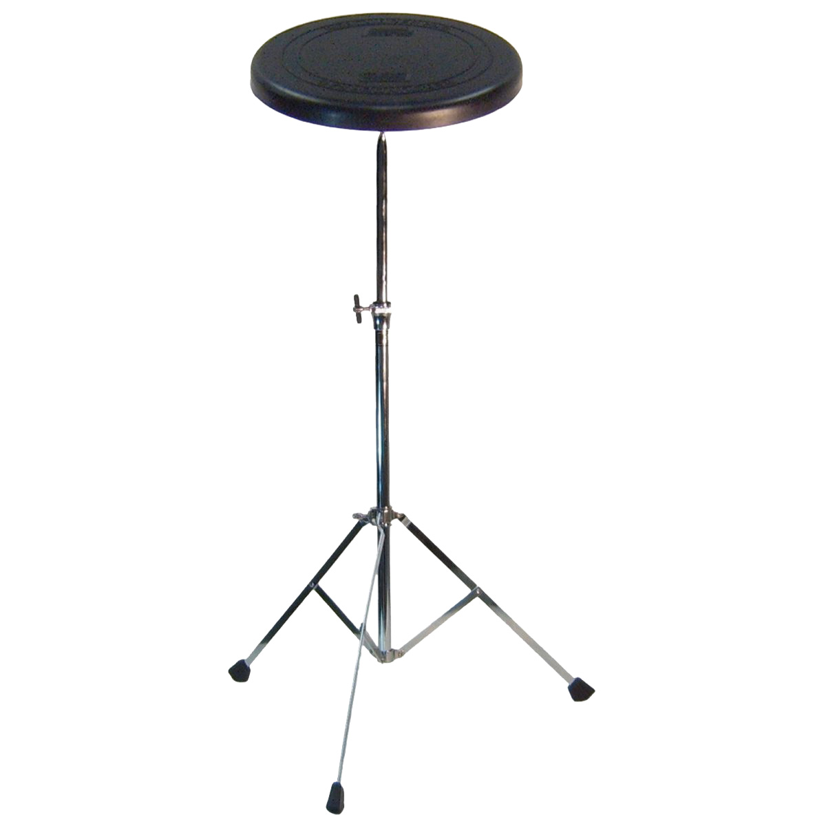 A black circular drum practice pad mounted on a silver chrome single-braced tripod stand with black rubber feet.