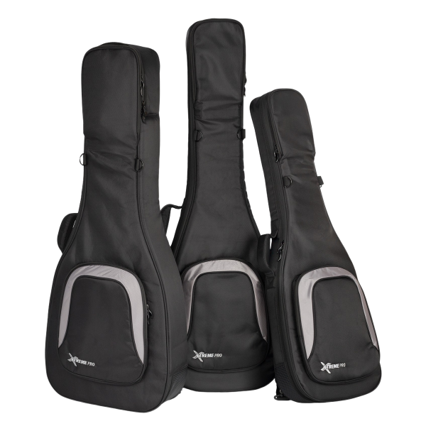 Three black Xtreme Pro TDX5 gig bags standing together, featuring prominent grey-accented front pockets, black zipper pulls, and side carrying handles.