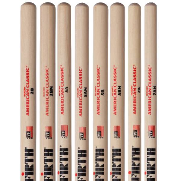 A lineup of eight Vic Firth American Classic Hickory drumsticks showing models 2B, 2BN, 5A, 5AN, 5B, 5BN, 7A, and 7AN side-by-side.