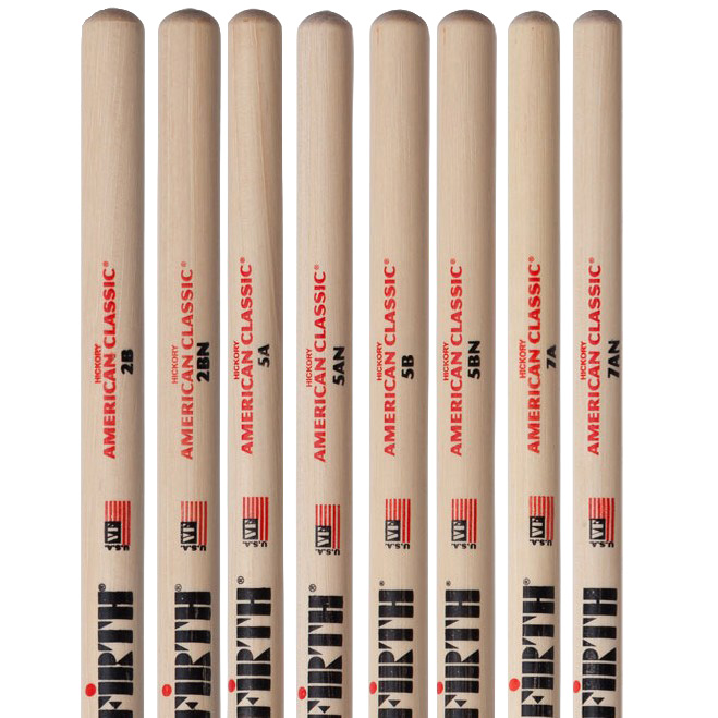 A lineup of eight Vic Firth American Classic Hickory drumsticks showing models 2B, 2BN, 5A, 5AN, 5B, 5BN, 7A, and 7AN side-by-side.