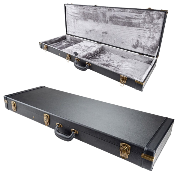 Armour APCSSB rectangular black bass hardcase showing a closed exterior view, with an inset revealing the open case and its grey plush-lined interior.