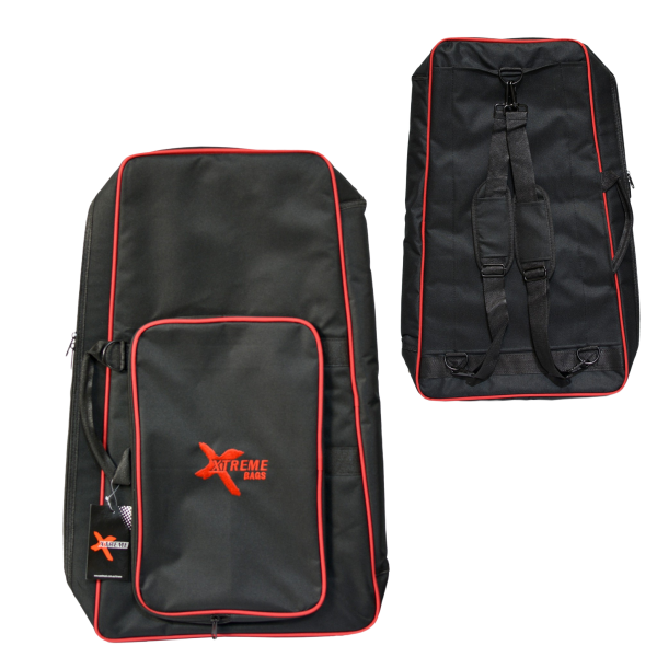 Black padded glockenspiel bag featuring red piping, a zippered front pocket, a hanging retail tag, and an inset image displaying the rear backpack straps.