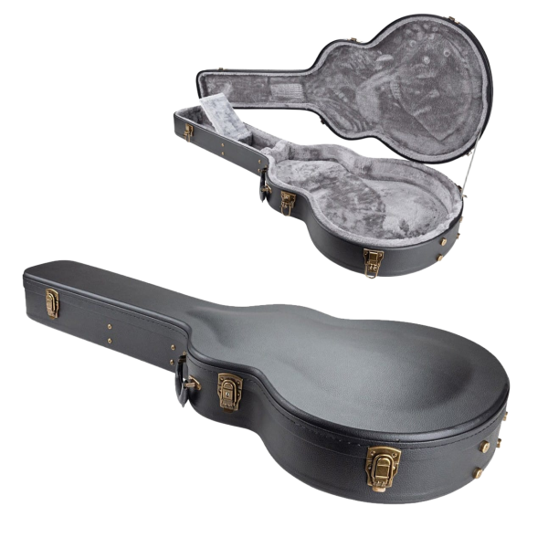 Armour APCES3 black guitar hardcase closed exterior view, alongside an inset showing the open case featuring a grey plush interior and a desiccant packet in the accessory compartment.