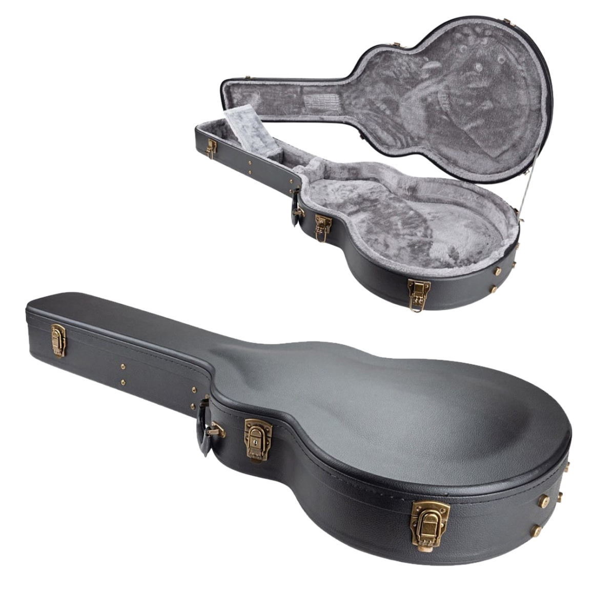 Armour APCES3 black guitar hardcase closed exterior view, alongside an inset showing the open case featuring a grey plush interior and a desiccant packet in the accessory compartment.