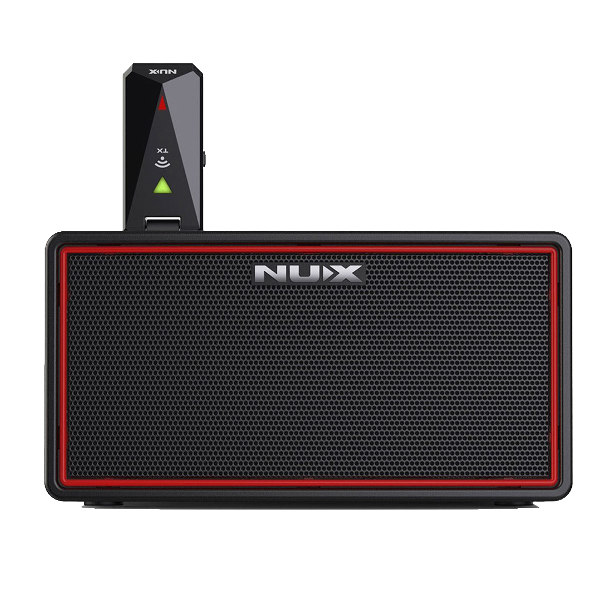NUX MIGHTY AIR black rectangular stereo modeling amplifier with red accent trim around the front speaker grille, featuring a black wireless transmitter plugged into the top panel.