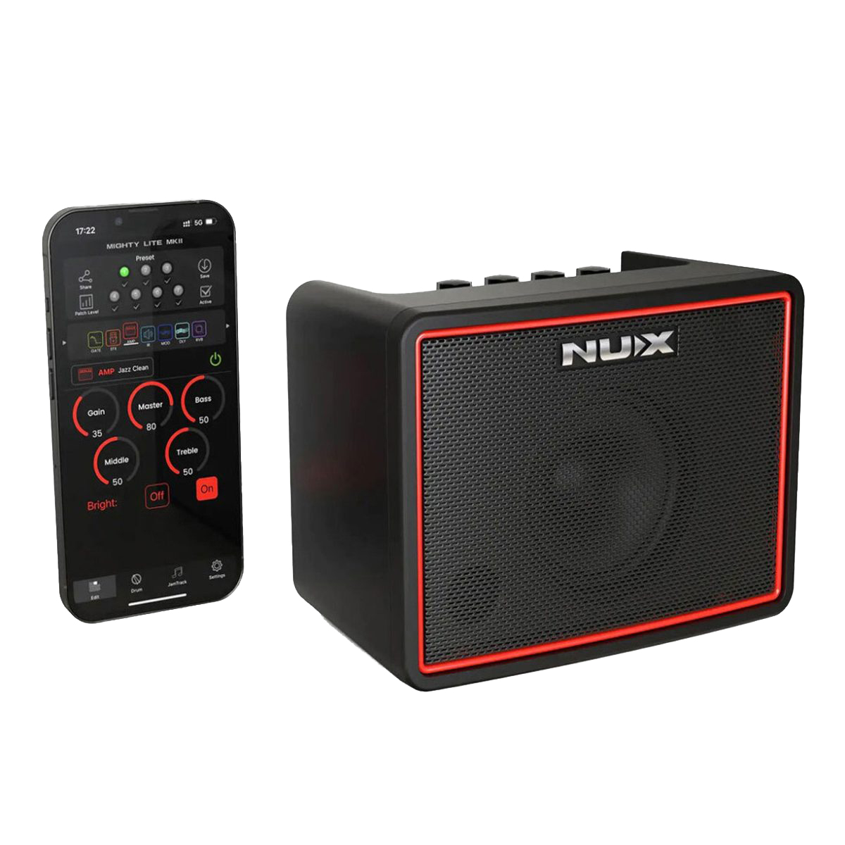 NUX MIGHTY LITE BT MKII desktop guitar amplifier in black with a red trim ring around the speaker grille, positioned next to a smartphone displaying the Mighty Amp application interface.
