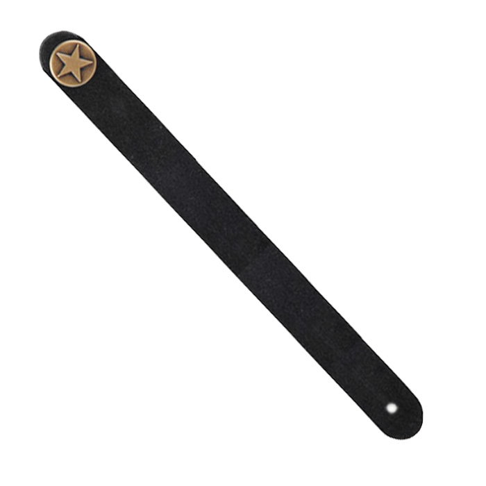 Flat black guitar strap extender loop featuring an antique brass-finished button with a star design at one end and a standard strap pin hole at the other.
