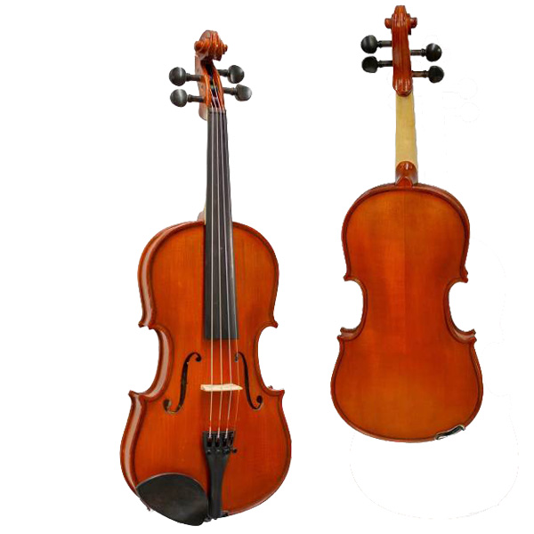 Front and back views of a Gliga III violin displaying a warm reddish-brown varnish, ebony chinrest, four fine tuners on the tailpiece, and a slightly flamed maple back.