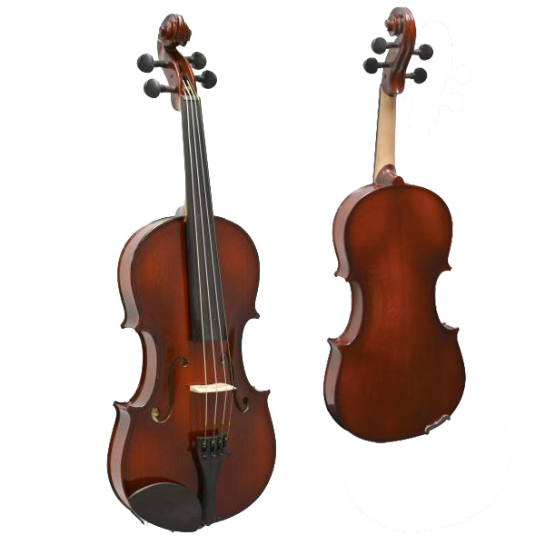 Front and back views of a St Romani III violin displaying a dark, hand-rubbed reddish-brown varnish, ebony chinrest, fine tuners, and a flamed maple back.