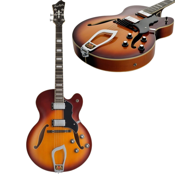 Hagstrom HJ800 hollow body electric guitar featuring a vintage sunburst finish, dual humbucking pickups, floating bridge, and solid trapeze tailpiece.