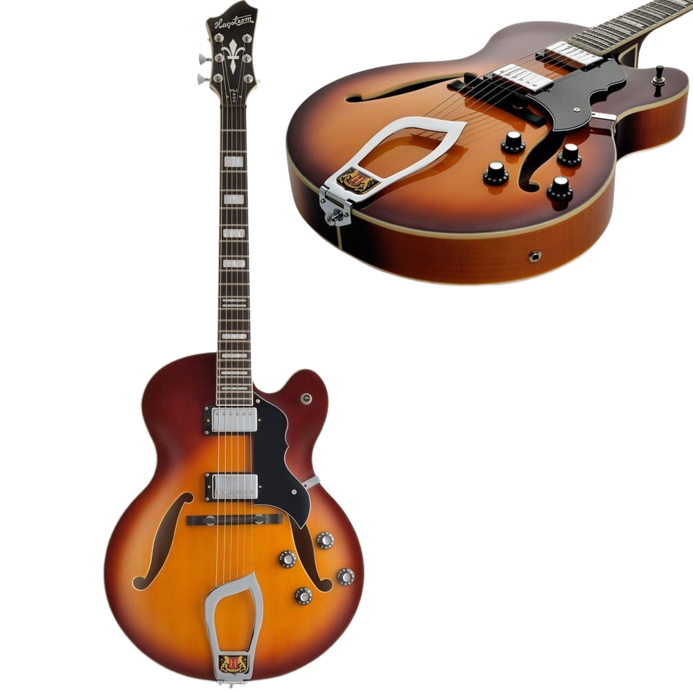 Hagstrom HJ800 hollow body electric guitar featuring a vintage sunburst finish, dual humbucking pickups, floating bridge, and solid trapeze tailpiece.