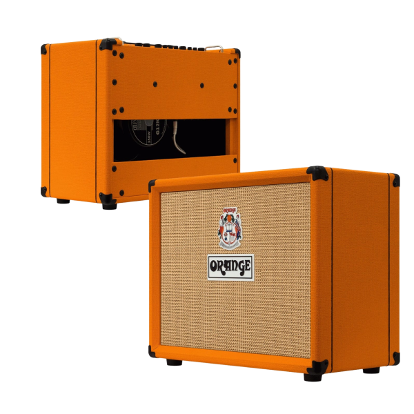 The Orange Super Crush 100 combo amplifier showing the classic basketweave front and an inset image displaying the rear speaker enclosure and connectivity ports.