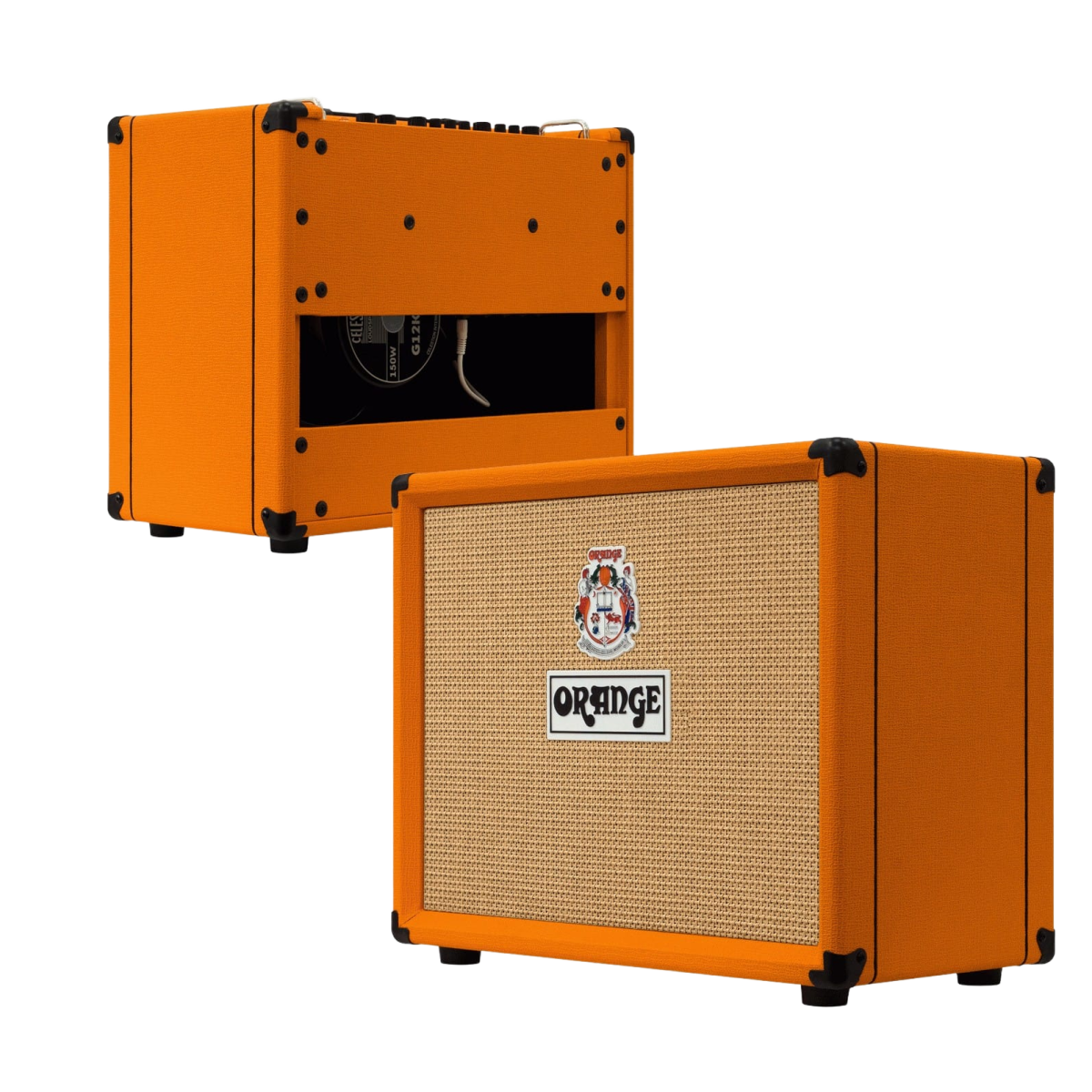 The Orange Super Crush 100 combo amplifier showing the classic basketweave front and an inset image displaying the rear speaker enclosure and connectivity ports.