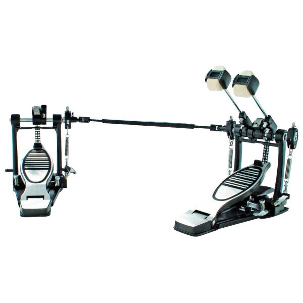 Black and silver metal double bass drum pedal with chain drives, dual beaters featuring white felt striking surfaces, textured footplates, and tension springs, connected by a central metal linkage bar.