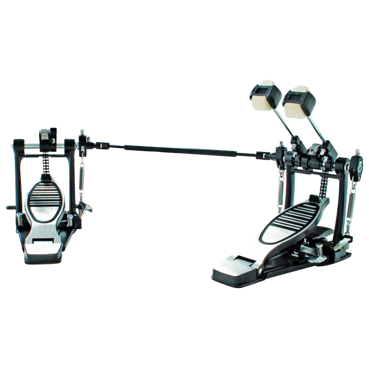 Black and silver metal double bass drum pedal with chain drives, dual beaters featuring white felt striking surfaces, textured footplates, and tension springs, connected by a central metal linkage bar.