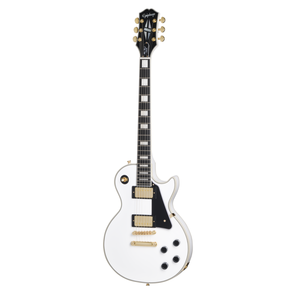 A full-length, straight-on view of an Epiphone Les Paul Custom Solid Body electric guitar featuring an alpine white finish, gold hardware, block inlays, and black speed knobs against a white background.