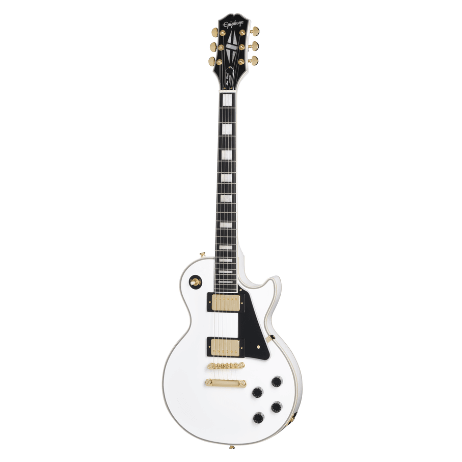 A full-length, straight-on view of an Epiphone Les Paul Custom Solid Body electric guitar featuring an alpine white finish, gold hardware, block inlays, and black speed knobs against a white background.