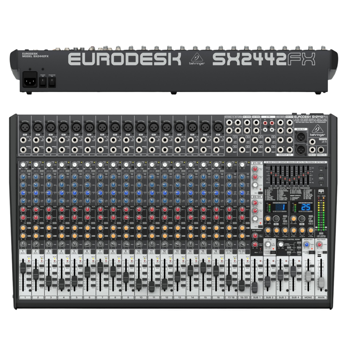 The Behringer Eurodesk SX2442FX analog mixing console displaying its top front panel and rear connections.