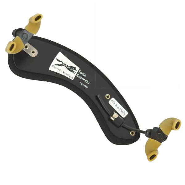 A Wolf Forte Secondo violin shoulder rest with a black foam pad, metallic sliding width adjustment plate, and tall tan rubber mounting feet.