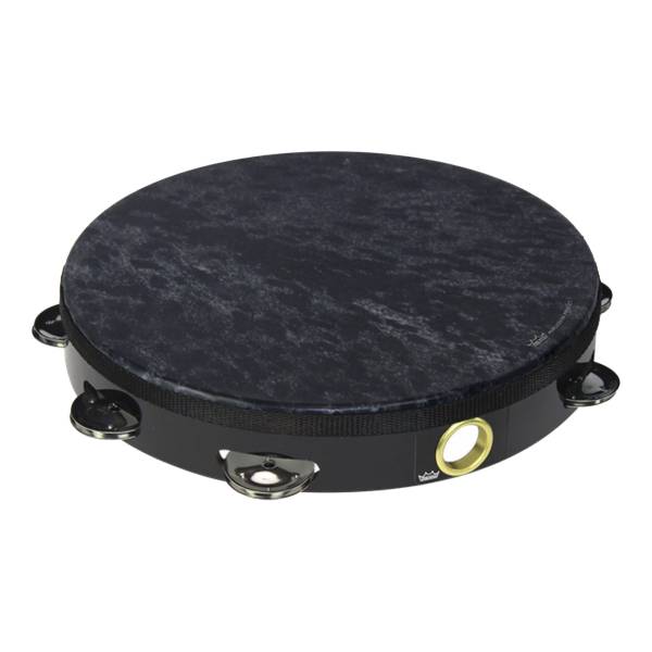 Remo 10-inch tambourine with a black frame, metal jingles, a thumb hole lined with a brass ring, and a dark marbled Skyndeep graphic drumhead.